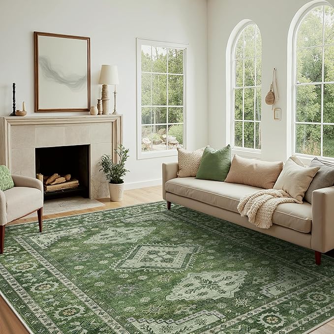 GENIMO Washable Rug 6X9 Area Rugs for Living Room Bedroom, Machine Washable Area Rug, Print Vintage Tribal Aesthetic Carpet, Low Pile Mat with Non Slip Rubber Backing, Distressed Green
