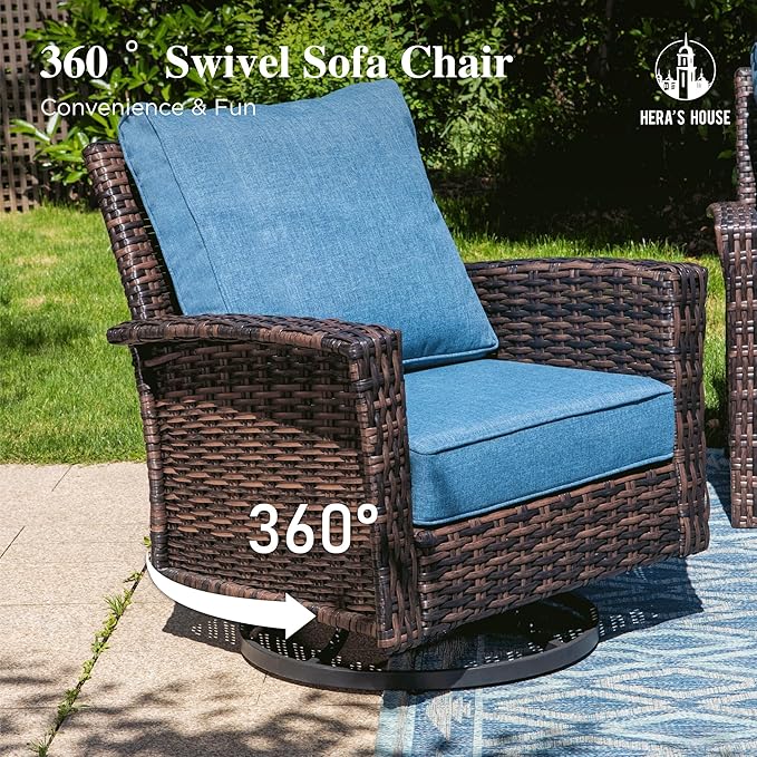 HERA'S HOUSE Outdoor Wicker Swivel Chairs with 5.5" Thick Cushions, 35" High Back Patio Chairs Set of 2, Deck Balcony Backyard Furniture, Navy Blue