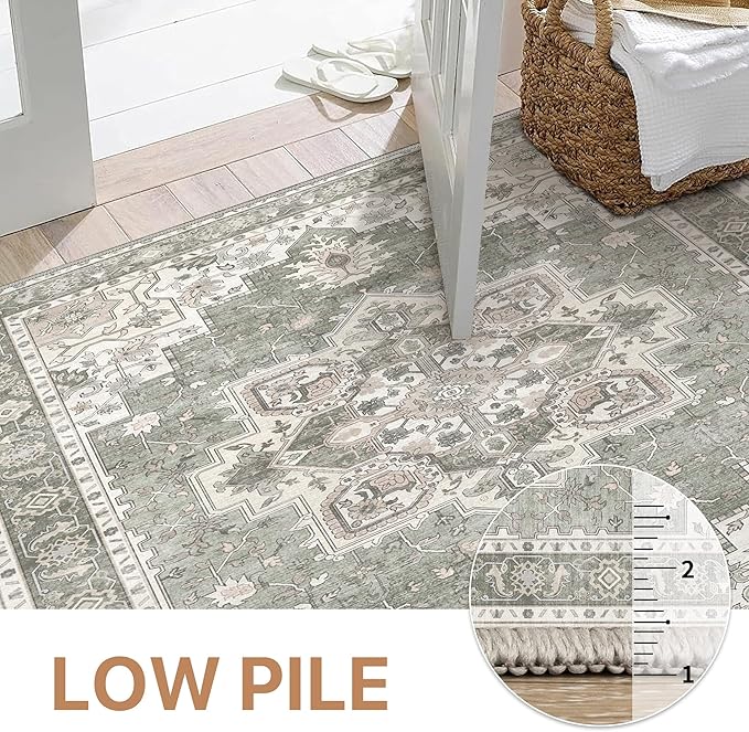 GENIMO 8x10 Area Rugs for Living Room, Machine Washable Non Slip Vintage Rugs, Low Pile Lightweight Chenille Print Rug for Bedroom, Dining Room, Home Office, Moonlight