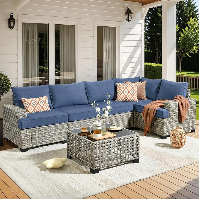 HOOOWOOO Outdoor Sectional Patio Furniture Set,6 Pieces Wicker Conversation Sets L Shaped Couch,Extra Deep Out Door Sofa Outside Furniture,Denim Blue