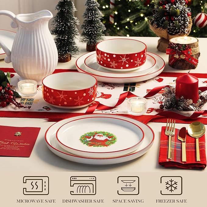 MALACASA Plates and Bowls Sets, 18 Pieces Christmas Porcelain Dinnerware Set for 6, Ceramic Dishware Dishes Kitchen Dinner Dining Ware Set, Microwave and Dishwasher Safe, Series LUNA-Santa Claus