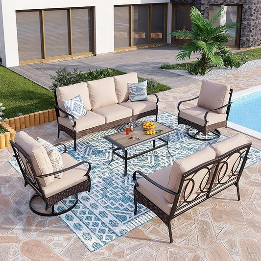 PHI VILLA Outdoor Modern Patio Furniture Set, Upgraded Wicker&Metal Patio Furniture Conversation Set with Waterproof Thick Cushions for Porch, Poolside, Deck, and Yard (5 Pieces,Beige)