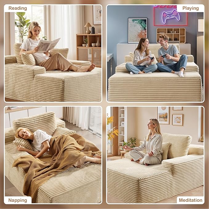 Chaise Lounge Chair Indoor, 67" Oversized Comfy Plush Fur Sleeper Sofa Bed, Boneless Upholstered Recliner Bed with Pillows and Wide Armrests, Modern Cloud Couch for Living Room, Beige