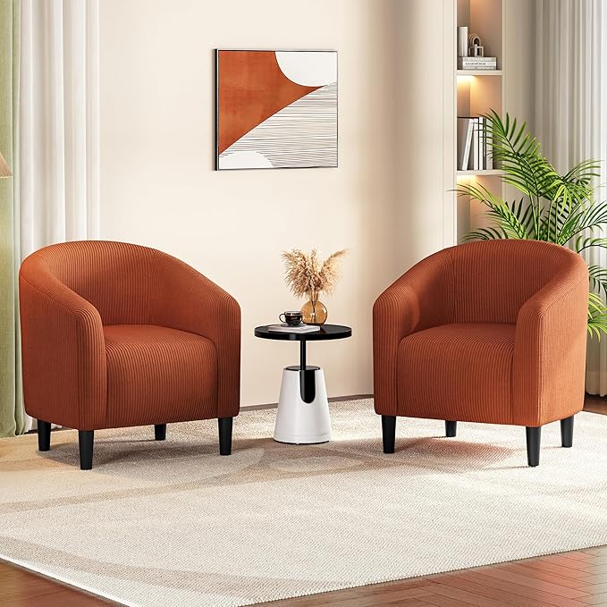 Yaheetech Accent Barrel Chair, Corduroy Fabric Club Chair, Furry Sherpa Elegant Armchair with Cozy Soft Padded, Suitable for Living Room Bedroom Reception Room Office, Set of 2, Brick Red