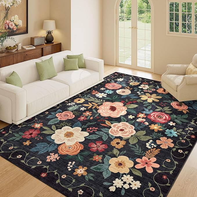 DUKINO 9x12 Area Rug, Floral Rugs for Living Room, Lightweight Non Slip Washable Rug, Indoor Low Pile & Non-Shedding Boho Design Rugs for Bedroom, Living Room, Dining Room, Black