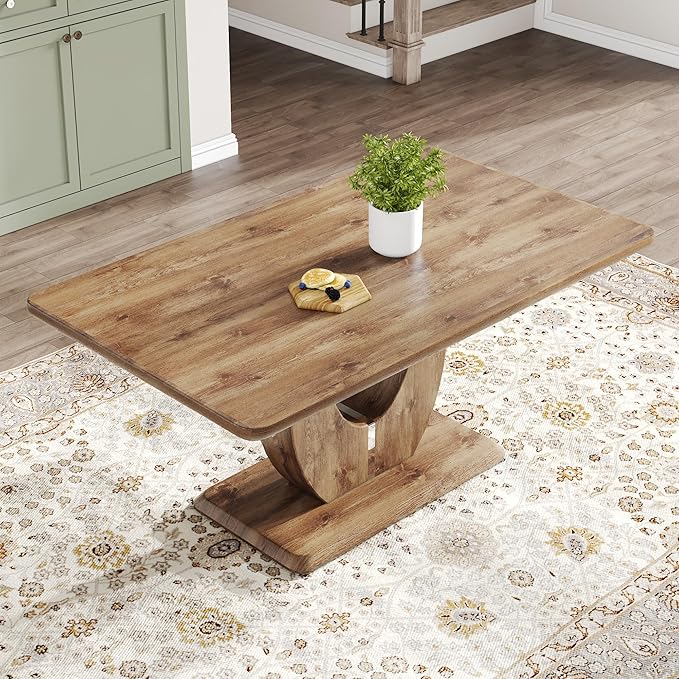 Wooden Dining Table, 63” Rectangular Kitchen Table with Modern Pedestal Base, Rustic Wood Finish, 30” Tall Dining Room Table for Family, Living Room, Restaurant