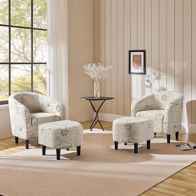 Yaheetech Accent Chair with Foot Rest, Mid Century Modern Upholstered Soft Barrel Chair, Comfy Fabric Armchair and Footrest Set for Living Room/Bedroom/Reading Room, Set of 2 Letter Print