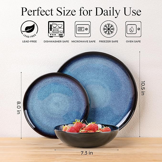LeRatio Ceramic Dinnerware Sets for 4,Wavy Reactive Glaze Stoneware Plates and Bowls Sets,Highly Scratch Resistant | Dishwasher & Microwave,Oven Safe Dishes Set(12PCS)