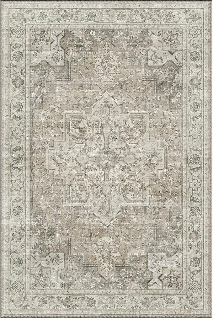 GENIMO 10x14 Area Rugs for Living Room, Machine Washable Non Slip Vintage Rugs, Low Pile Lightweight Chenille Print Rug for Bedroom, Dining Room, Home Office, Trench