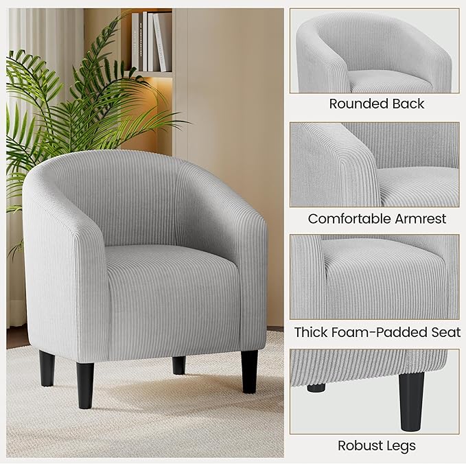 Yaheetech Accent Barrel Chair, Corduroy Fabric Club Chair, Furry Sherpa Elegant Armchair with Cozy Soft Padded for Living Room Bedroom Reception Room Office, Light Gray