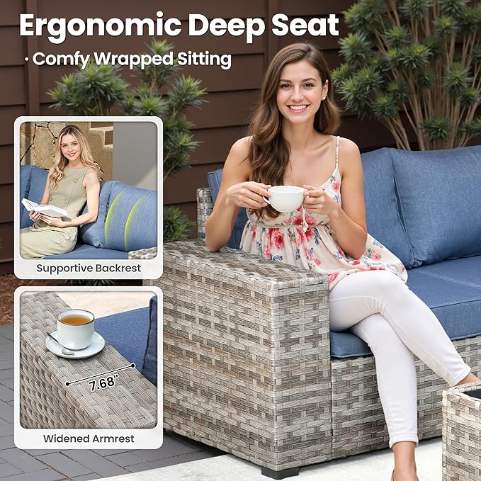 ovios 9 Pieces Patio Furniture Set, Outdoor Wicker Sectional Sofa with 2 Swivel Chairs Coffee Table, Modern Modular Deep Seat Rattan Couch Conversation Sets, Denim Blue