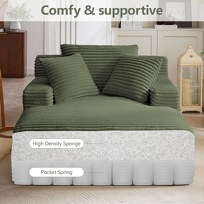 GNIXUU Oversized Boneless Chaise Lounge Chair Indoor, Comfy Fluffy Lounge Sofa Upholstered Sleeper Sofa Couch with Throw Pillows and Armrests, Corduroy Plush Cloud Chair for Living Room, Olive Green