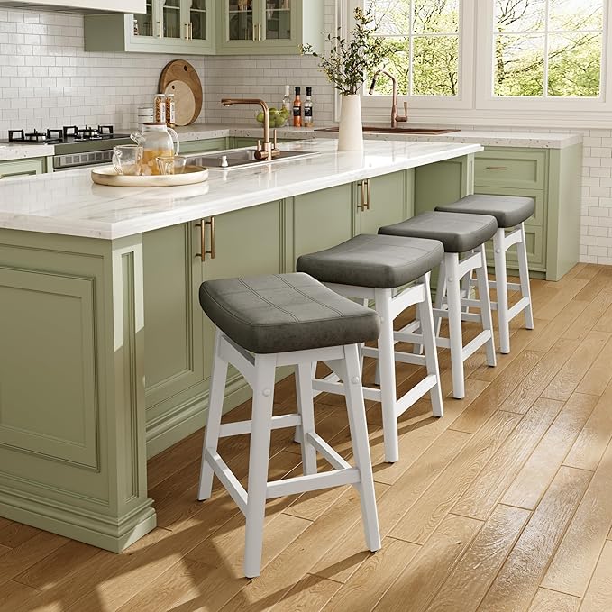 MAISON ARTS White Counter Height Bar Stools Set of 4 for Kitchen Counter Solid Wood Legs with Faux Leather Saddle Seat Farmhouse Barstools for 34"-38" Counter Island Upholstered Stools, 24in Height