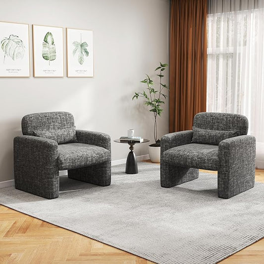 LSSPAID Modern Accent Chairs, Chenille Fabric Armchairs for Living Room, Comfy Upholstered Leisure Single Sofa Chair with Lumbar Pillow for Bedroom, Balcony, Office (Charcoal, Set of 2)