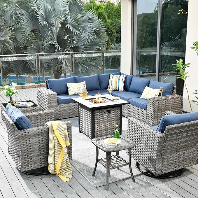 ovios 10 Pieces Patio Furniture Set, Outdoor Wicker Sectional Sofa with 30" Fire Pit Table Swivel Chairs, Modern Modular Deep Seat Rattan Couch Conversation Sets, Denim Blue