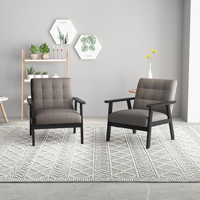 Westice Accent Chair Set of 2, Mid-Century Modern Living Room Chairs with Solid Wood Frame & Soft Thicken Cushion, Upholstered Arm Reading Chair for Bedroom, Balcony, Grey Linen Fabric & Black Legs