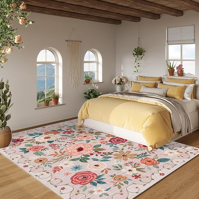 DUKINO 6x9 Area Rug, Floral Rugs for Living Room, Lightweight Non Slip Washable Rug, Indoor Low Pile & Non-Shedding Boho Design Rugs for Bedroom, Living Room, Dining Room, Beige