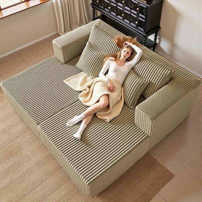 82" Oversized Chaise Lounge Chair, Corduroy Upholstered Sleeper Sofa with 4 Throw Pillows and Wide Armrest for Living Room, No Assembly Required Loveseat Couch, Foggy sage Green