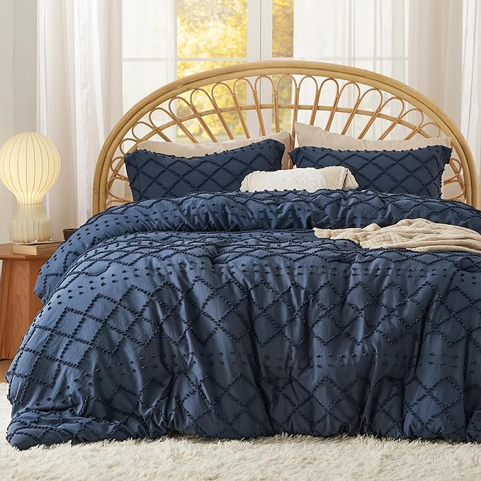 Bedsure California King Comforter Set - Navy Blue Comforter, Boho Tufted Shabby Chic Bedding for Kids, 3 Pieces Vintage Farmhouse Bed Set for All Seasons, Fluffy Soft Bedding with 2 Pillow Shams