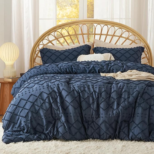 Bedsure King Comforter Set - Navy Blue Comforter, Boho Tufted Shabby Chic Bedding for Kids, 3 Pieces Vintage Farmhouse Bed Set for All Seasons, Fluffy Soft Bedding with 2 Pillow Shams