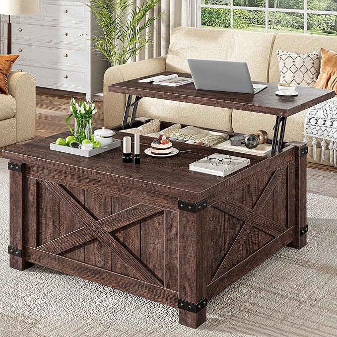 EnHomee Lift Top Coffee Table with Storage, 36" Farmhouse Coffee Tables for Living Room, Square Coffee Table with Large Hidden Space, for Living Room, Bedroom, Home Office, Classic Brown