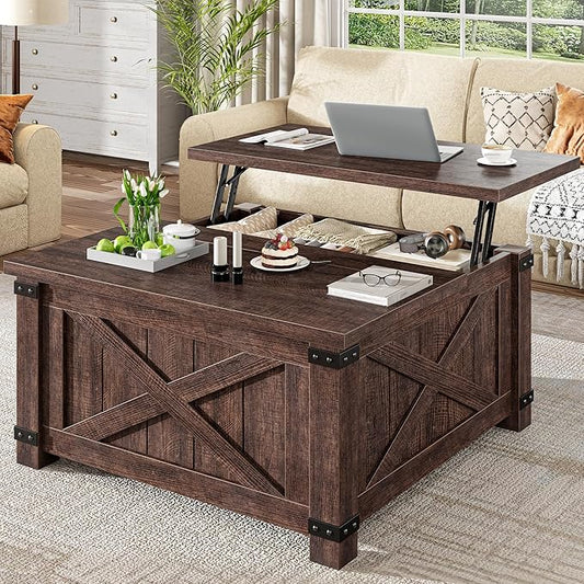 EnHomee Lift Top Coffee Table with Storage, 36" Farmhouse Coffee Tables for Living Room, Square Coffee Table with Large Hidden Space, for Living Room, Bedroom, Home Office, Classic Brown