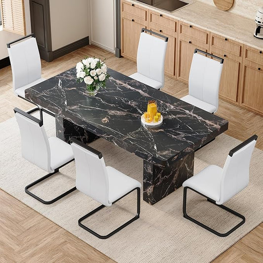 79" Modern Dining Table Set｜Marble Dining Table Set with 6 Faux Leather Chairs｜Engineered Wood with Marble Pattern Tabletop｜Widened and Stable Tablelegs｜Easy Assembly