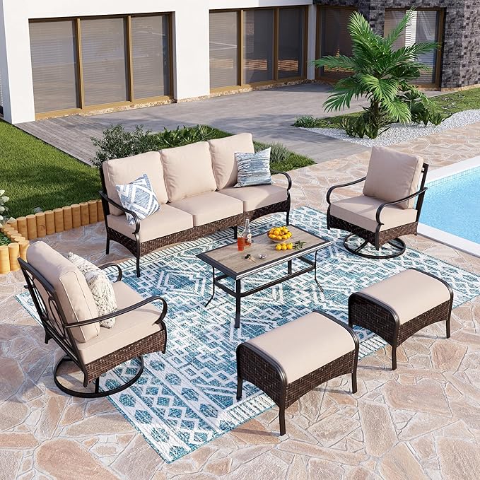 PHI VILLA Outdoor Modern Patio Furniture Set, Upgraded Wicker&Metal Patio Furniture Conversation Set with Waterproof Thick Cushions for Porch, Poolside, Deck, and Yard (6 Pieces,Beige)