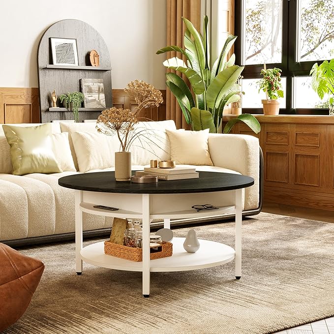 FABATO 35.43”Round Lift-Top Coffee Table Large Storage with Hidden Compartment Round Coffee Table 2-Tier Farmhouse Style Living Room Table Round Dining Coffee Table,White