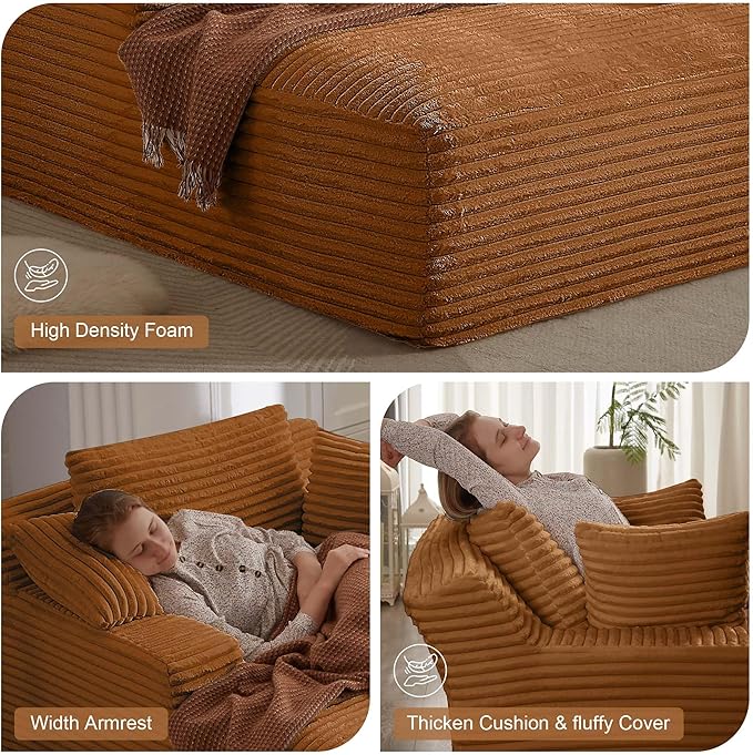 GNIXUU 78.8" Oversized Double Chaise Lounges Indoor, 2 Pieces Comfy Corduroy Chaise Lounge Chair Cloud Boneless Couch, Fluffy Upholstered Sleeper Loveseat Bed for Living Room Bedroom Reading(Orange)