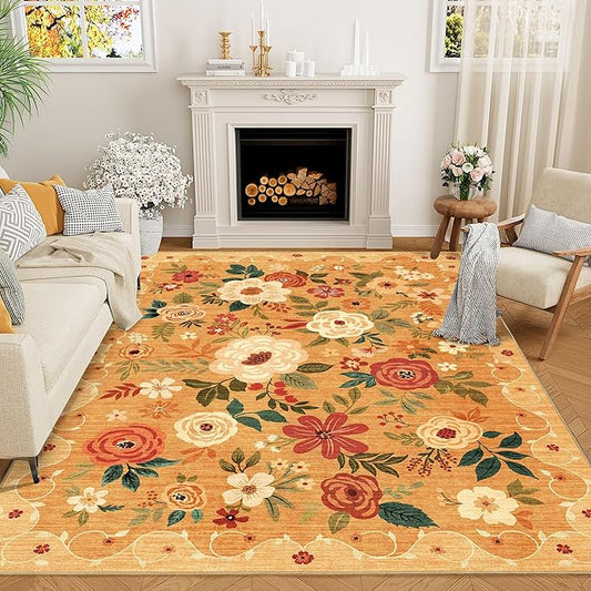 DUKINO 6x9 Area Rug, Floral Rugs for Living Room, Lightweight Non Slip Washable Rug, Indoor Low Pile & Non-Shedding Boho Design Rugs for Bedroom, Living Room, Dining Room, Orange