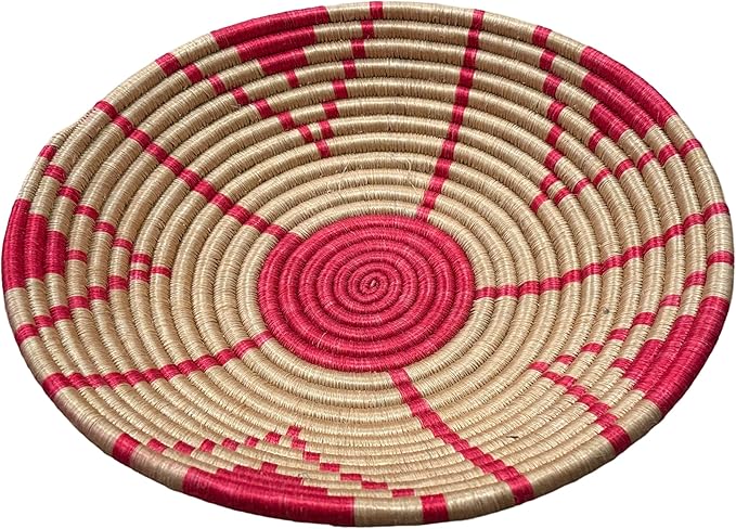 Handwoven African Basket Handmade sisal Fruit Bowl Wall Hanging decorative Baskets for Home Living Room Kitchen Centerpiece Zen Designs Arts and Crafts (Tan Pink Floral, 12in diameter)