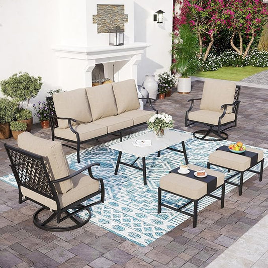 Patio Furniture Set, Modern Metal Outdoor Patio Furniture, 3 Seater Sofa, 2 Swivel Chairs, 2 Ottomans, Coffee Table and 5.75" Extra Thick Cushion, Patio Conversation Set for Backyard