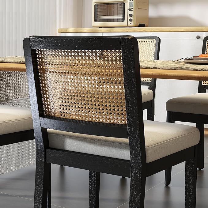 LukeAlon Farmhouse Rattan Dining Chairs Set of 2, Mid Century Modern Linen Kitchen & Dining Chairs with Solid Wood Legs, Woven Cane Upholstered Kitchen Chairs Side Chairs for Dining Room, Beige