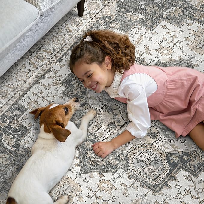 GENIMO 10x14 Area Rugs for Living Room, Machine Washable Non Slip Vintage Rugs, Low Pile Lightweight Chenille Print Rug for Bedroom, Dining Room, Home Office, Heathered Grey