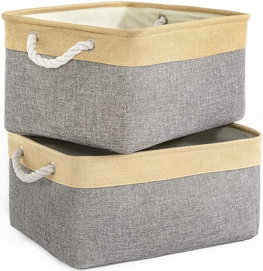 TheWarmHome Storage Basket for Organizing - 3 Pack 14x10x7 inch Large Collapsible Storage Bin for Shelves, Fabric Storage Cubes for Organizer ClosetCloth Gift Toy (Grey & Gold)