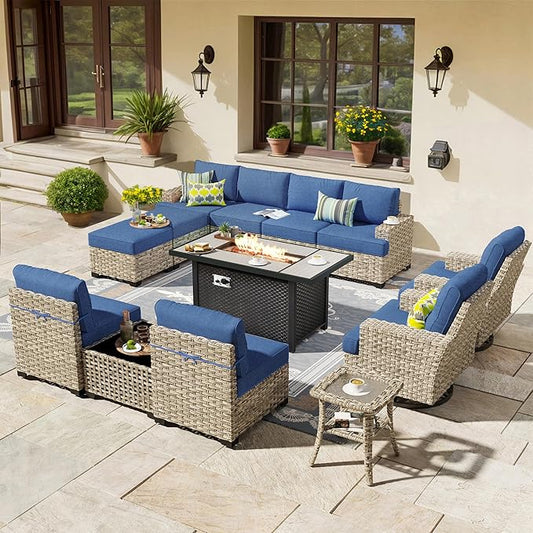 HOOOWOOO Outdoor Sectional Patio Furniture Set with Fire Pit Table,13 Pieces Wicker Conversation Sets L Shaped Couch,Extra Deep Out Door Sofa Outside Furniture with Swivel Chairs Ottoman,Denim Blue