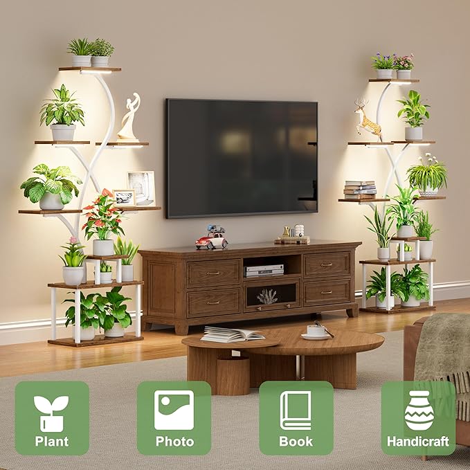 Plant Stand Indoor with Grow Lights - 62" Tall Plant Shelf Indoor, Lighted Corner Plant Stands for Indoor Plants, 8 Tiered Flower Spike-Shaped Rack for Living Room, Patio, Balcony Decor（White)