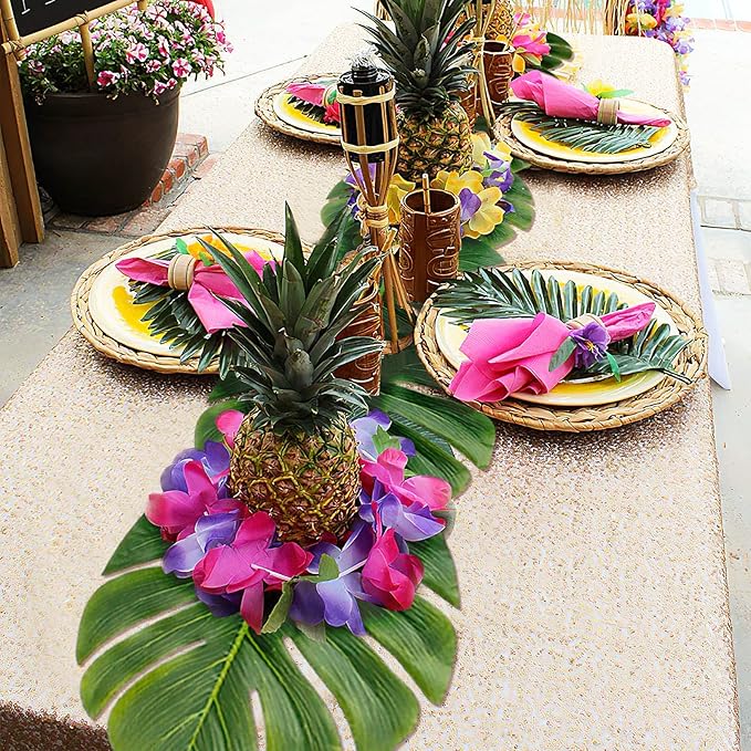 AerWo 4Pcs Artificial Palm Leaves Table Runners 72 Inch, Tropical Palm Leaves Table Runner Faux Leaf Table Cloth for Wedding Hawaiian Luau Jungle Summer Party Tropical Baby Shower Table Decorations