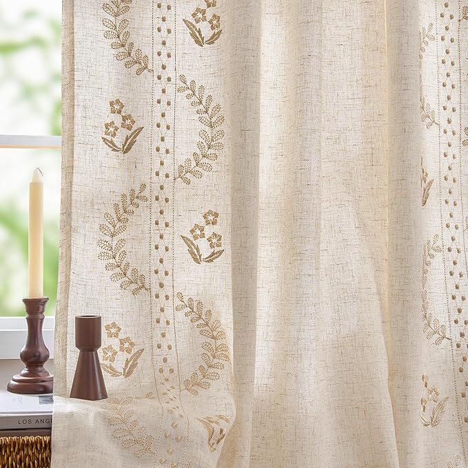 jinchan Belrose Lined Linen Blend Curtains Boho Floral Curtains for Bedroom 96 Inch Length Beige Embroidered Drapes Rod Pocket Farmhouse Flower Drapes for Living Room Window Treatments Set 2 Panels