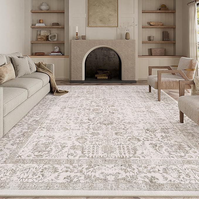 Light Brown Area Rug 9x12 Machine Washable Large Vintage Living Room Distressed Non Slip Carpet Traditional Indoor Bedroom Retro Floral Accent Throw Rug for Office Kitchen Dining Room