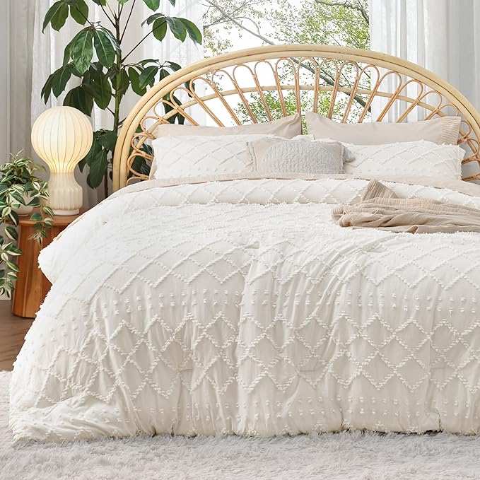 Bedsure Full Comforter Set - Ivory Comforter, Boho Tufted Shabby Chic Bedding for Kids, 3 Pieces Vintage Farmhouse Bed Set for All Seasons, Fluffy Soft Bedding with 2 Pillow Shams