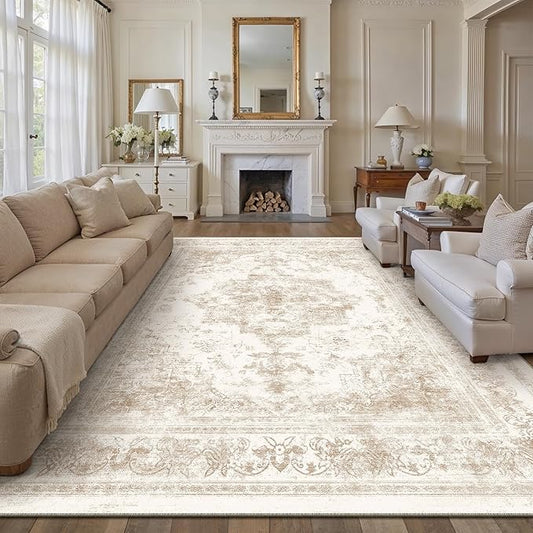 Area Rug 10x14 Cream Washable Living Room Beige Carpet Non Slip Vintage Medallion Indoor Bedroom Beige Carpet Low Pile Soft Retro Distressed Large Rug Home Office Dining Room Playroom