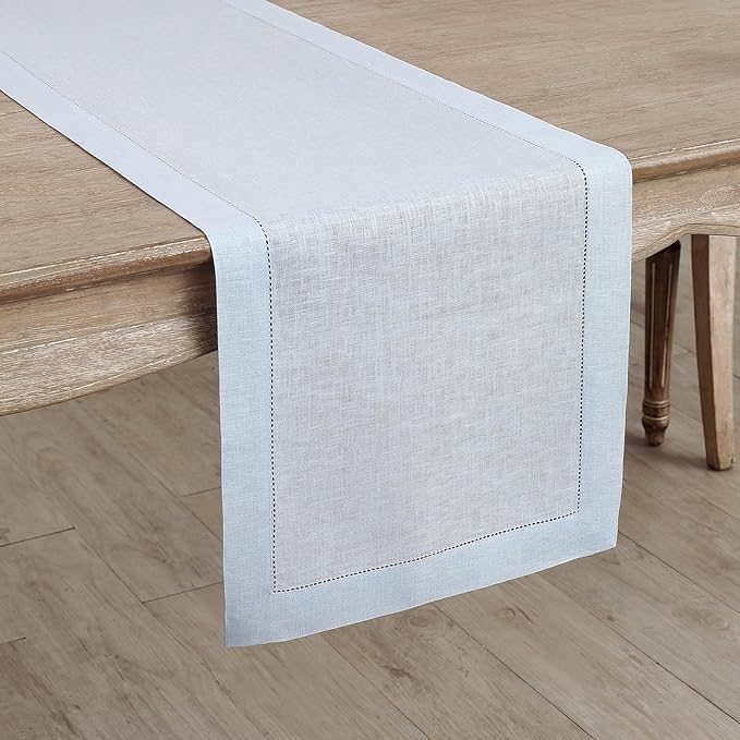 Solino Home Linen Light Blue Table Runner 132 Inches Long - 100% Pure Linen Extra Long Table Runner 14 x 132 Inch - Classic Hemstitch