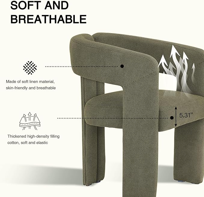 Modern Barrel Dining Chairs Set of 3, Upholstered Linen Dining Room Chair with Wooden Legs, Accent Chairs for Kitchen/Dining Room/Living Room, Green