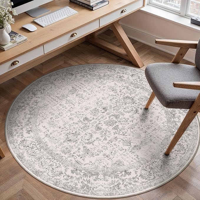 Grey Round Area Rug 4ft Entryway Door Mat Small Circle 4x4 Kitchen Vintage Carpet Non Slip Indoor Bedroom Washable Distressed Floral Retro Accent Throw Rug Office Bathroom