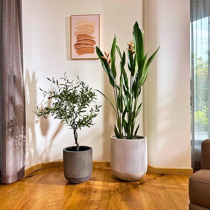 18.7" H x 16.9" D Ribbed Radius Fiberstone Round Planter with Drainage Hole, Weather Resistant for Indoor and Outdoor Use, Included 2 Extra Coco Mats (Charcoal, 15" Pot Opening)