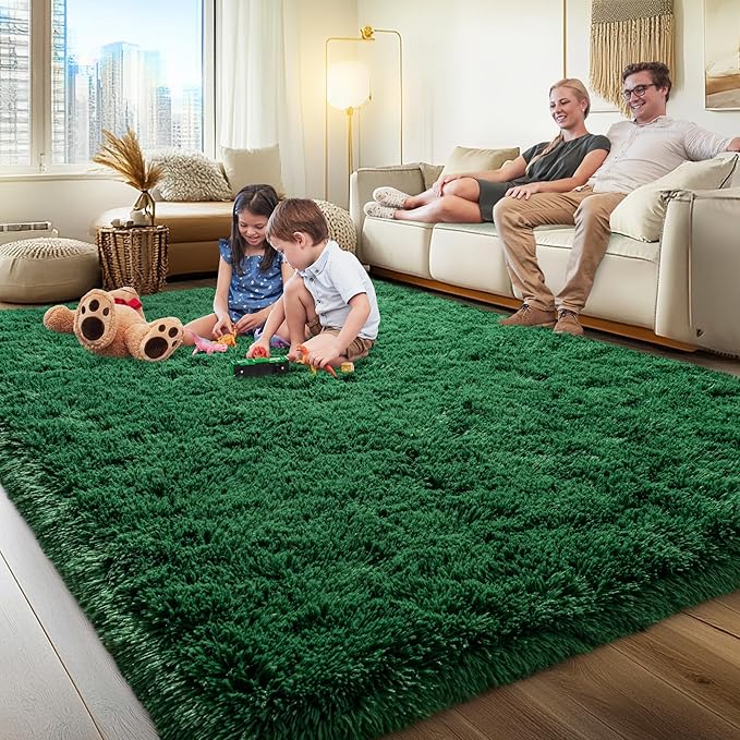 8x10 Area Rugs for Living Room, Green Fluffy Shaggy Rug Soft Carpets, Big Rugs for Bedroom Nursery Kids Room Dorm Home Decor Aesthetic, Dark Green