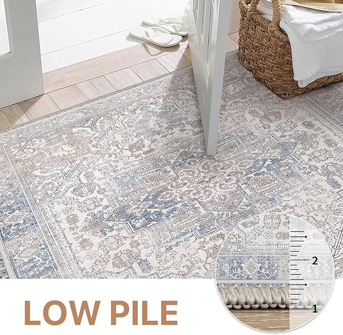 GENIMO 9x12 Area Rugs for Living Room, Machine Washable Non Slip Vintage Retro Rugs, Low Pile Lightweight Thin Print Rug for Bedroom, Dining Room, Home Office, Khaki Blue