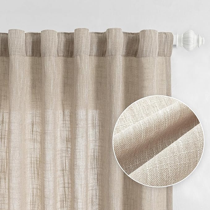MYSKY HOME Cotton Curtains for Living Room Farmhouse Semi Sheer Light Filtering for Windows, Linen Look Texture Soft Modern Decor Country Style, 50" x 80", Light Oatmeal, 2 Panels